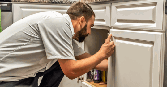 Plumber inspecting under sink